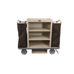 Royal Basket Deluxe Metal Housekeeping Cart, 3 Shelf / 2 Bags - Vacuum Bar and Glass Rack, Beige